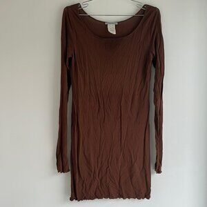 SARAH PACINI Sheer Brown Scoop Neck Long Sleeve Dress